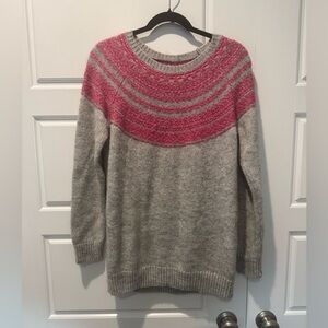 Loft Fair Isle Knit Grey and Pink Round Neck Sweater Mohair Blend Size Small
